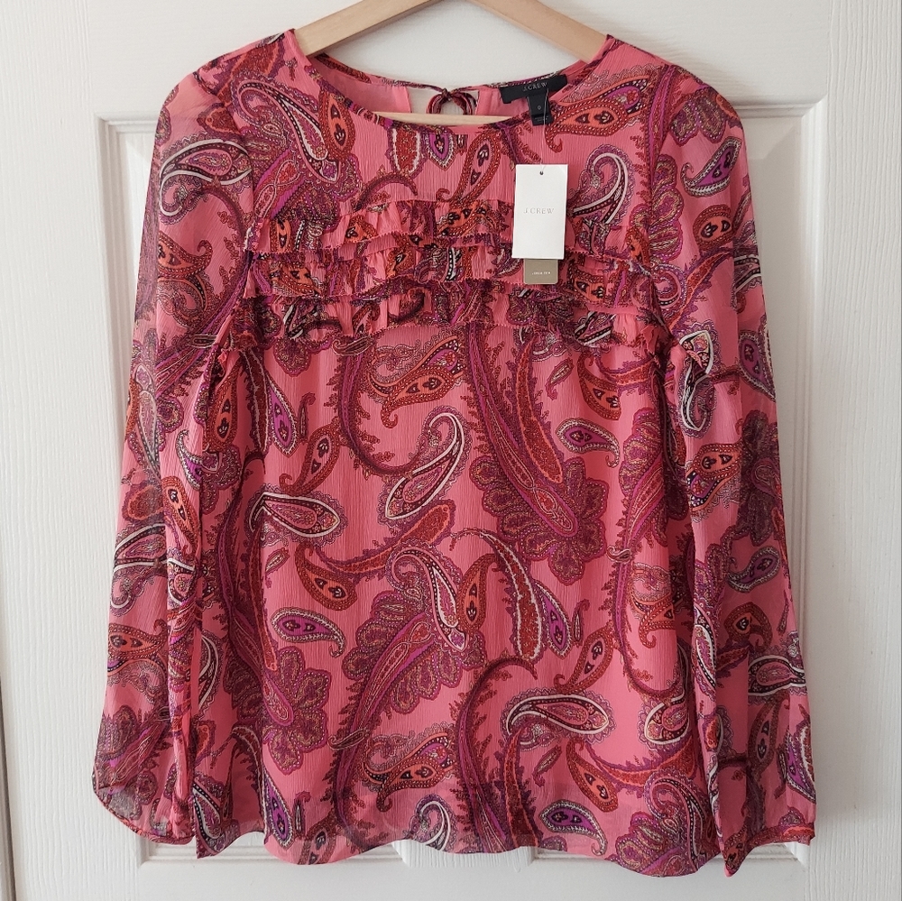 NWT J Crew Silk Vibrant Paisley Ruffle Front Chiffon Top Blouse Size 0